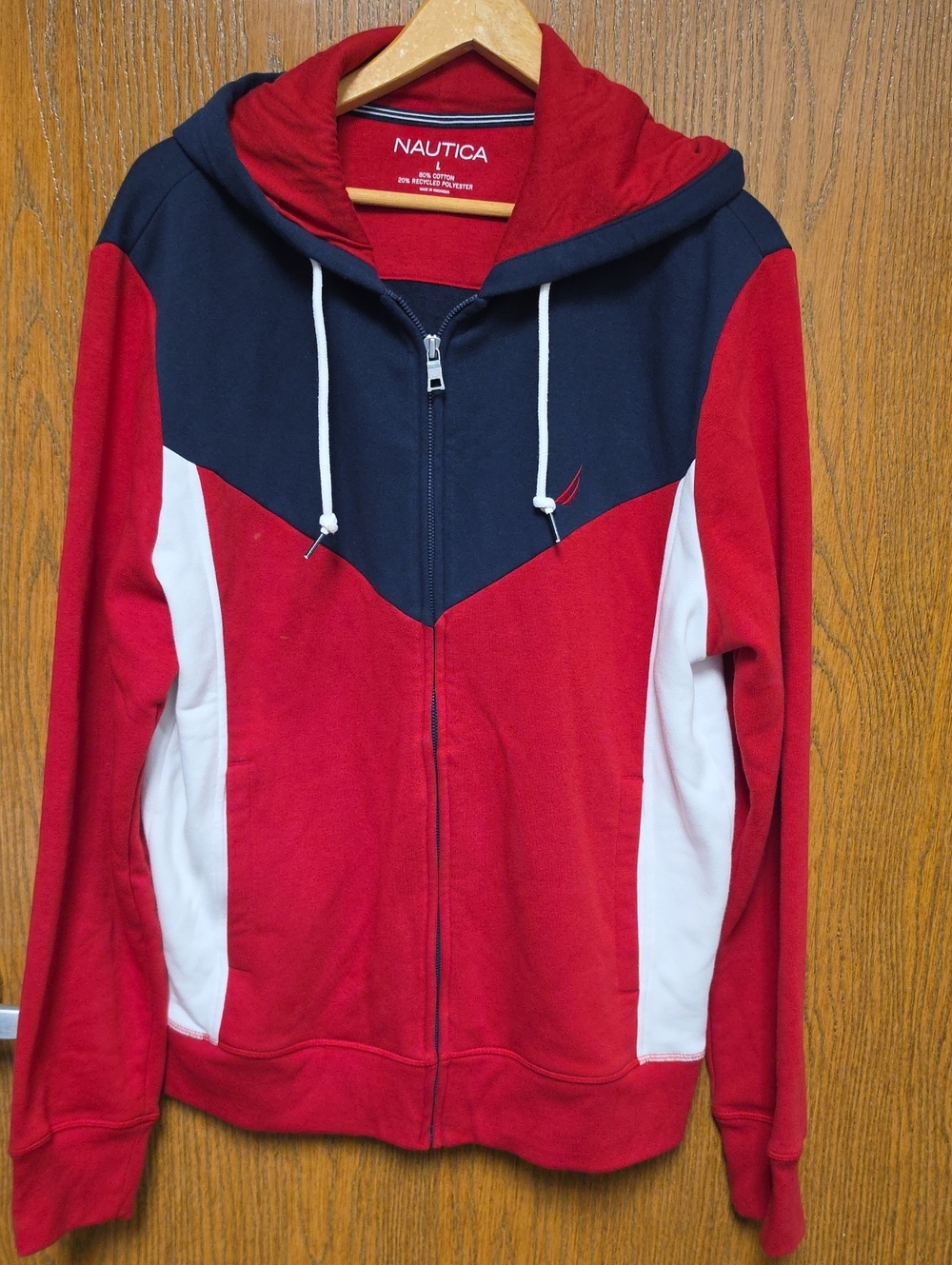Nautica Men’s Red, Navy & White Zip-Up Hoodie Jacket